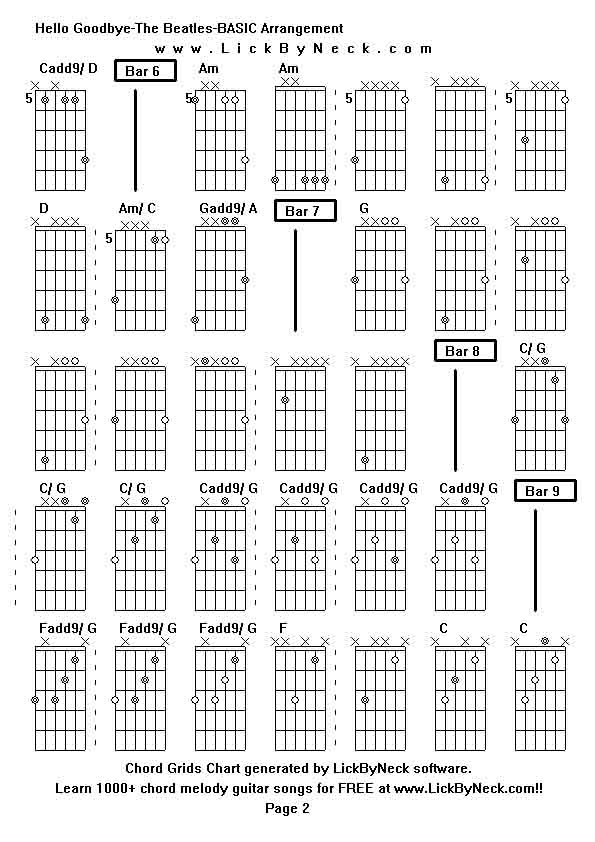 Chord Grids Chart of chord melody fingerstyle guitar song-Hello Goodbye-The Beatles-BASIC Arrangement,generated by LickByNeck software.